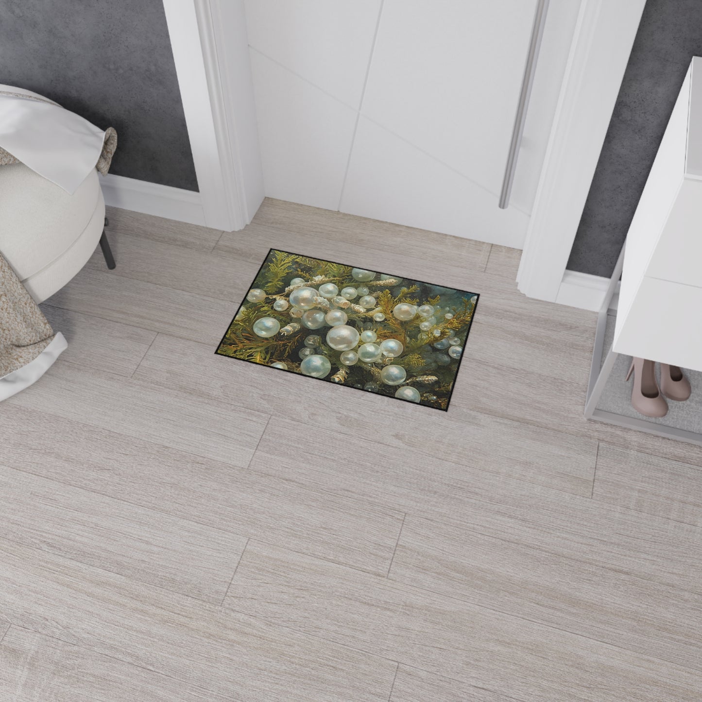 Elegant Sea Moss Coastal Floor Mat with Pearl Design