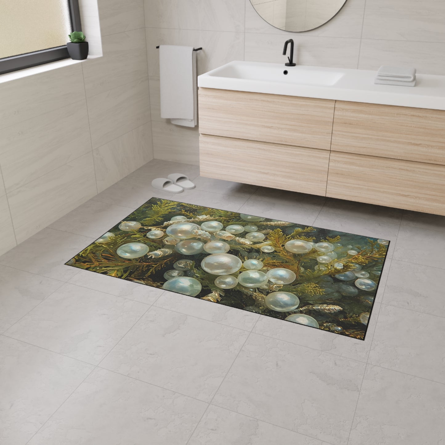 Elegant Sea Moss Coastal Floor Mat with Pearl Design
