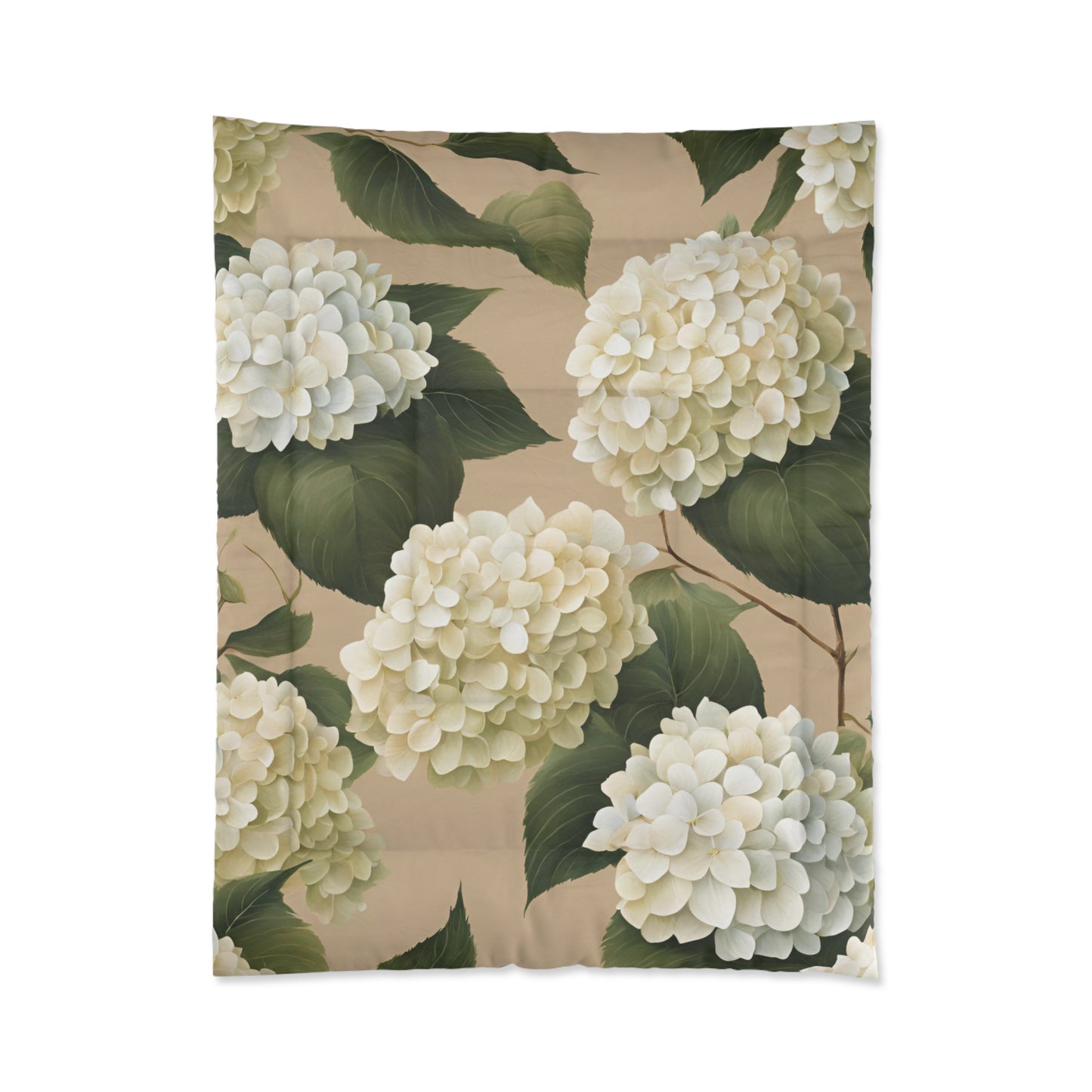 Tan and White Hydrangea Floral Comforter
