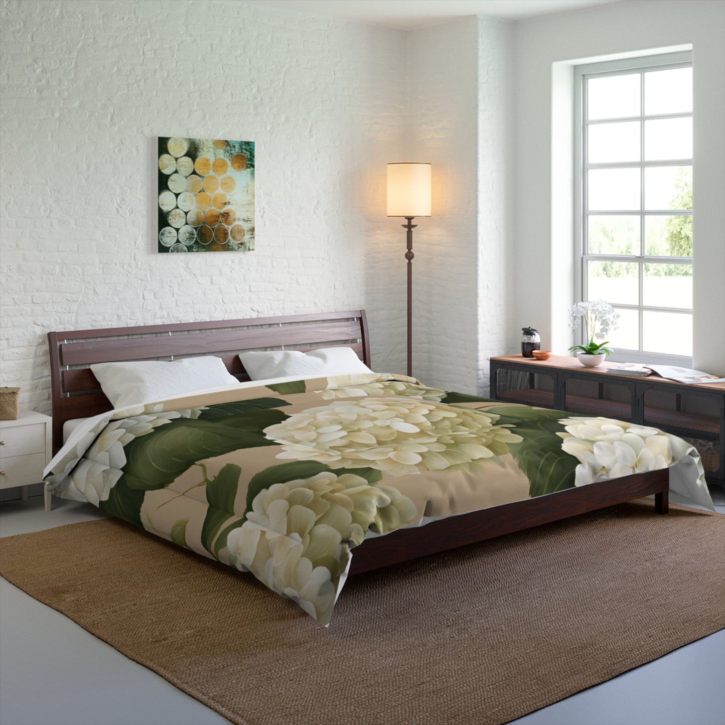 Tan and White Hydrangea Floral Comforter