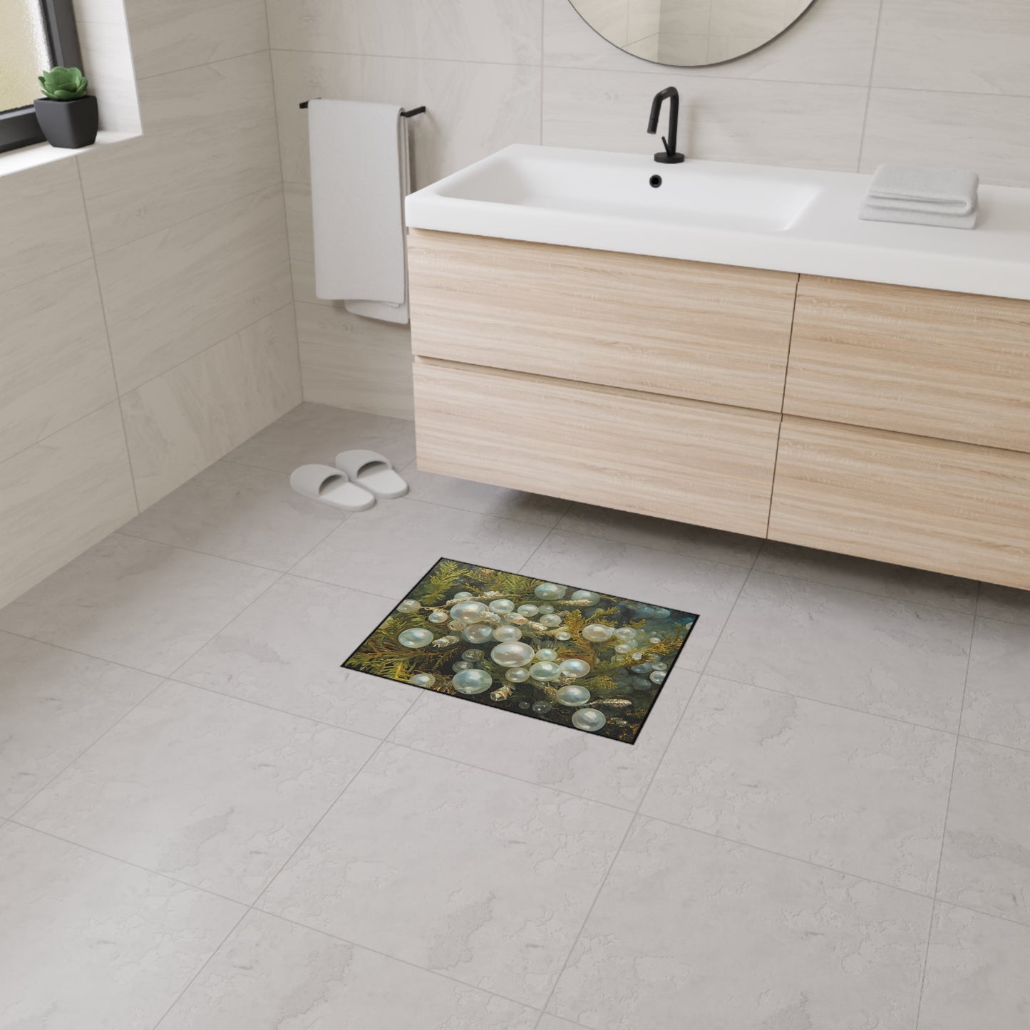 Elegant Sea Moss Coastal Floor Mat with Pearl Design