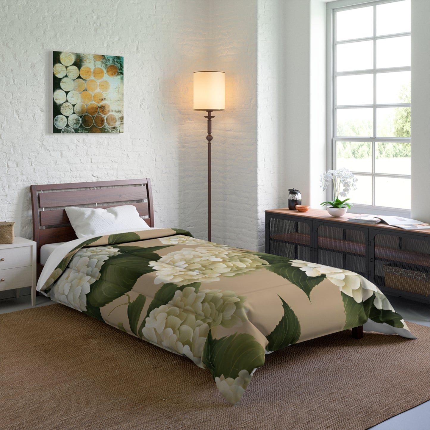 Tan and White Hydrangea Floral Comforter