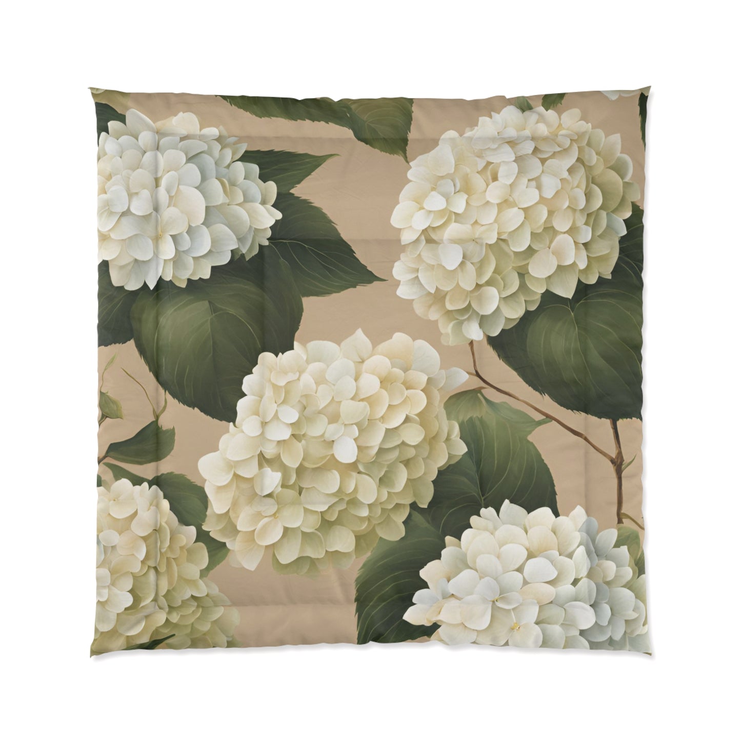 Tan and White Hydrangea Floral Comforter
