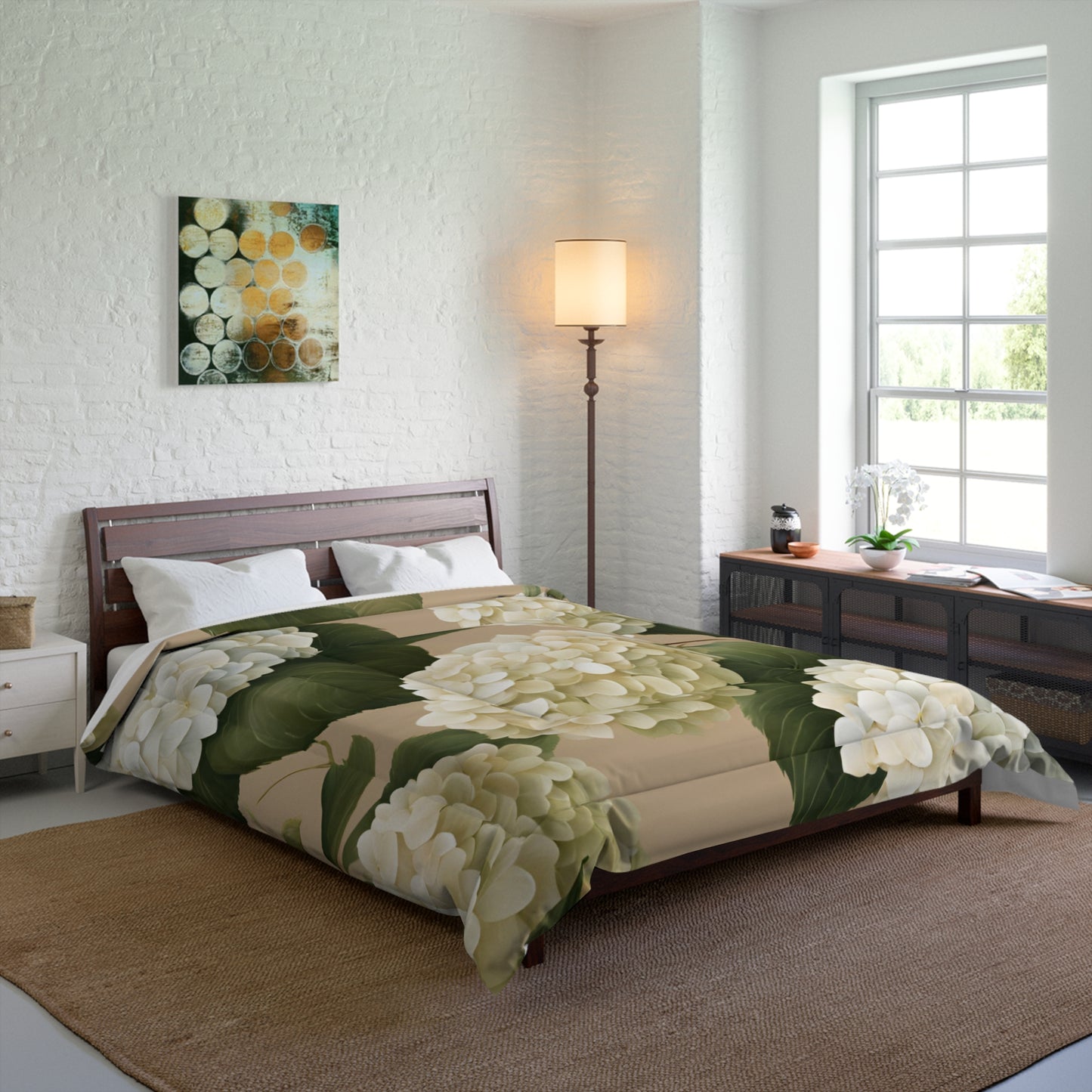 Tan and White Hydrangea Floral Comforter