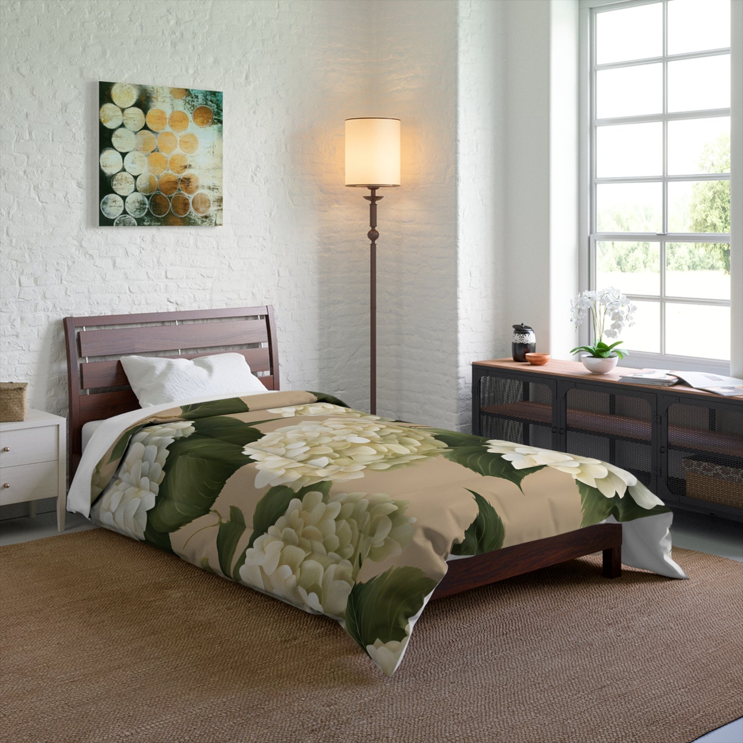 Tan and White Hydrangea Floral Comforter