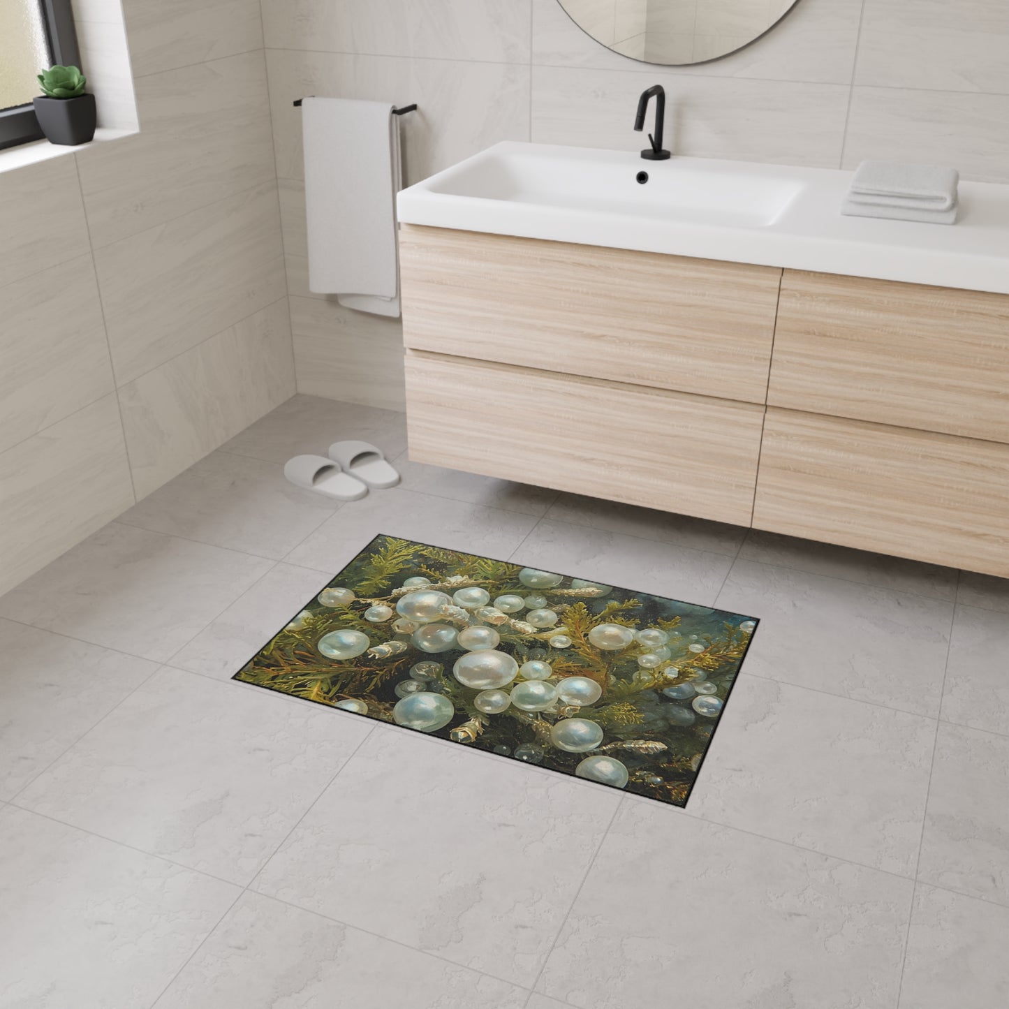 Elegant Sea Moss Coastal Floor Mat with Pearl Design