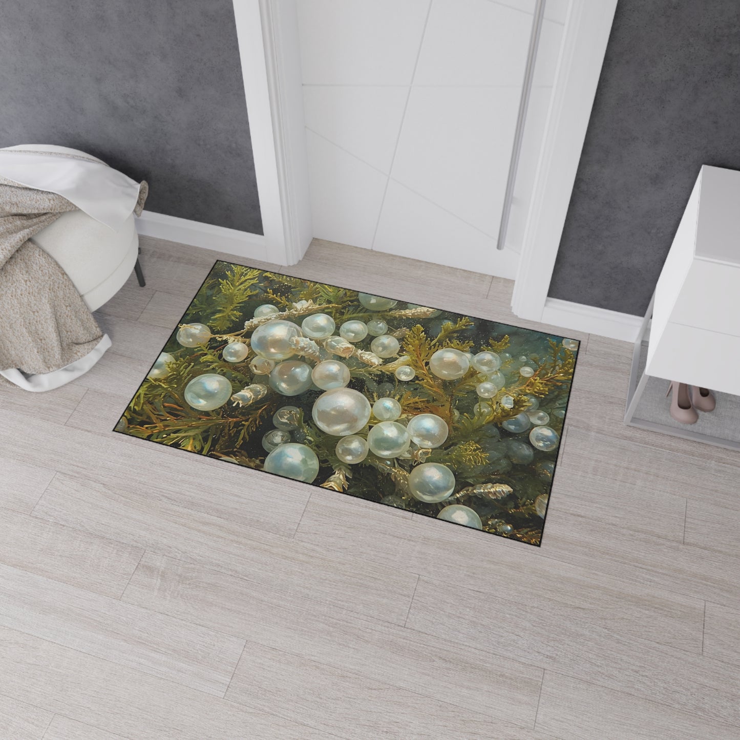 Elegant Sea Moss Coastal Floor Mat with Pearl Design