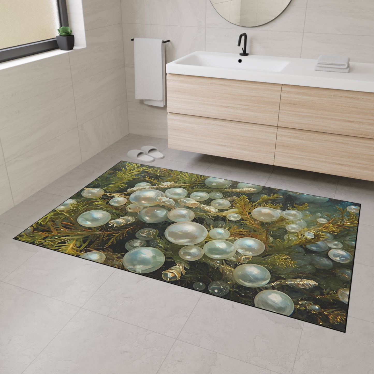 Elegant Sea Moss Coastal Floor Mat with Pearl Design