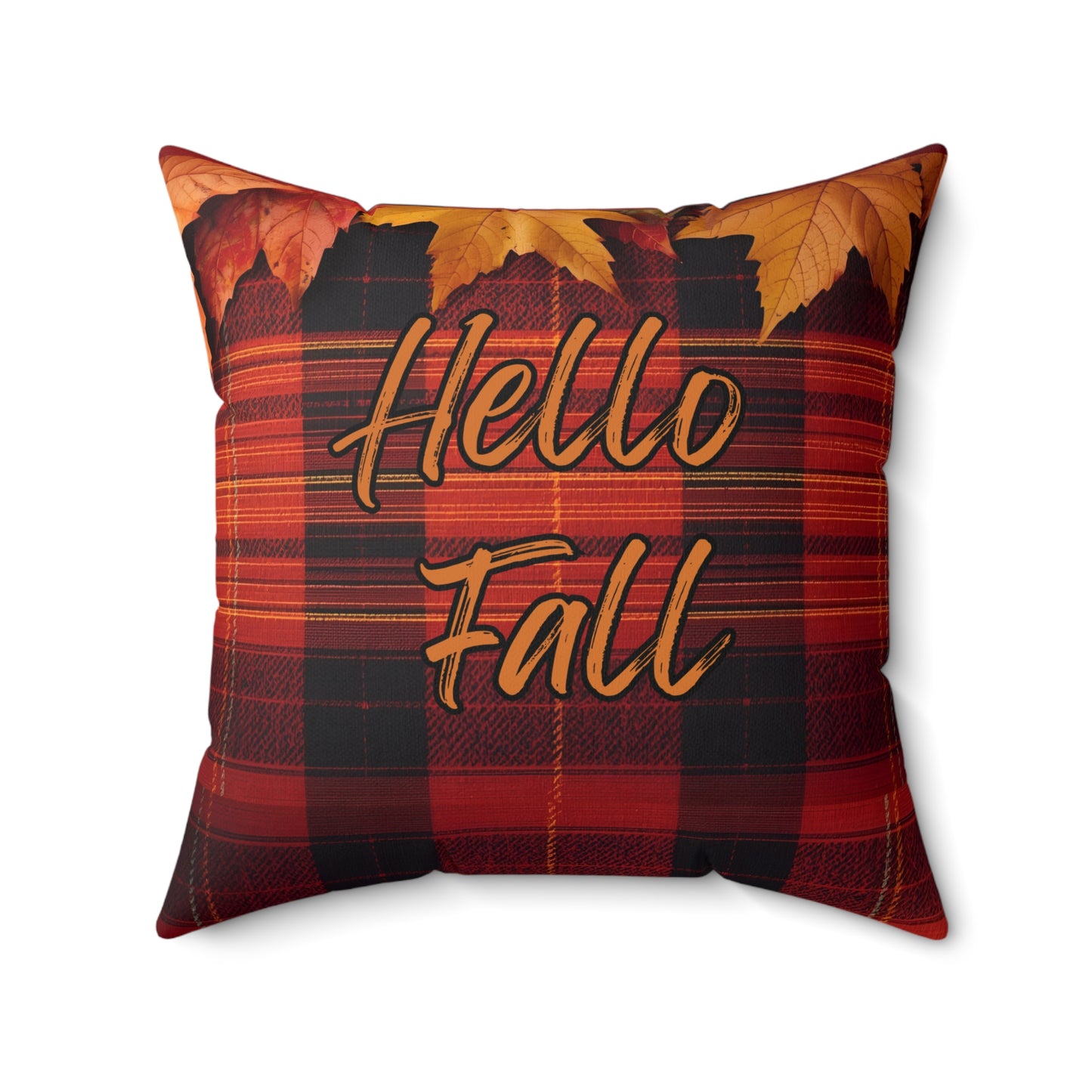 Hello Fall Plaid Autumn Themed Square Pillow