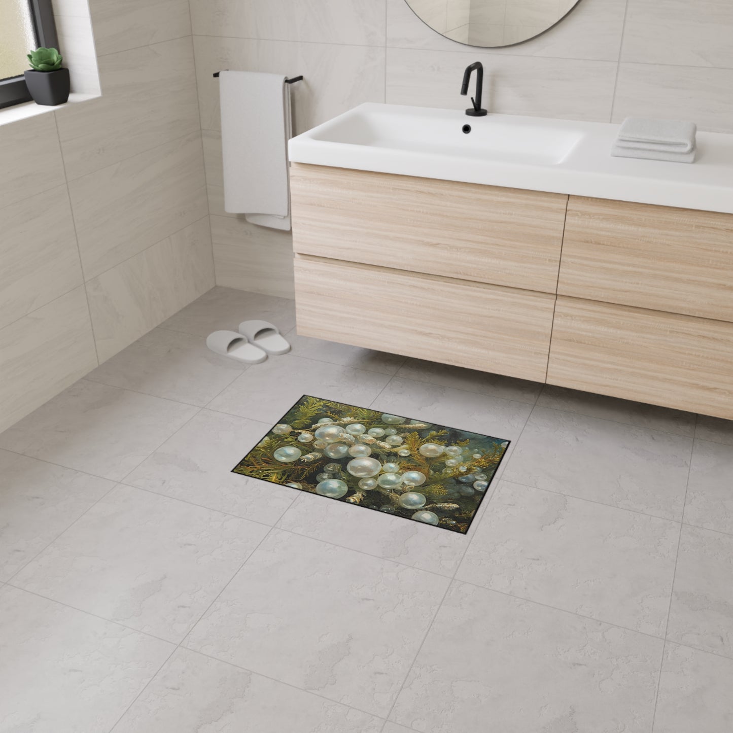 Elegant Sea Moss Coastal Floor Mat with Pearl Design