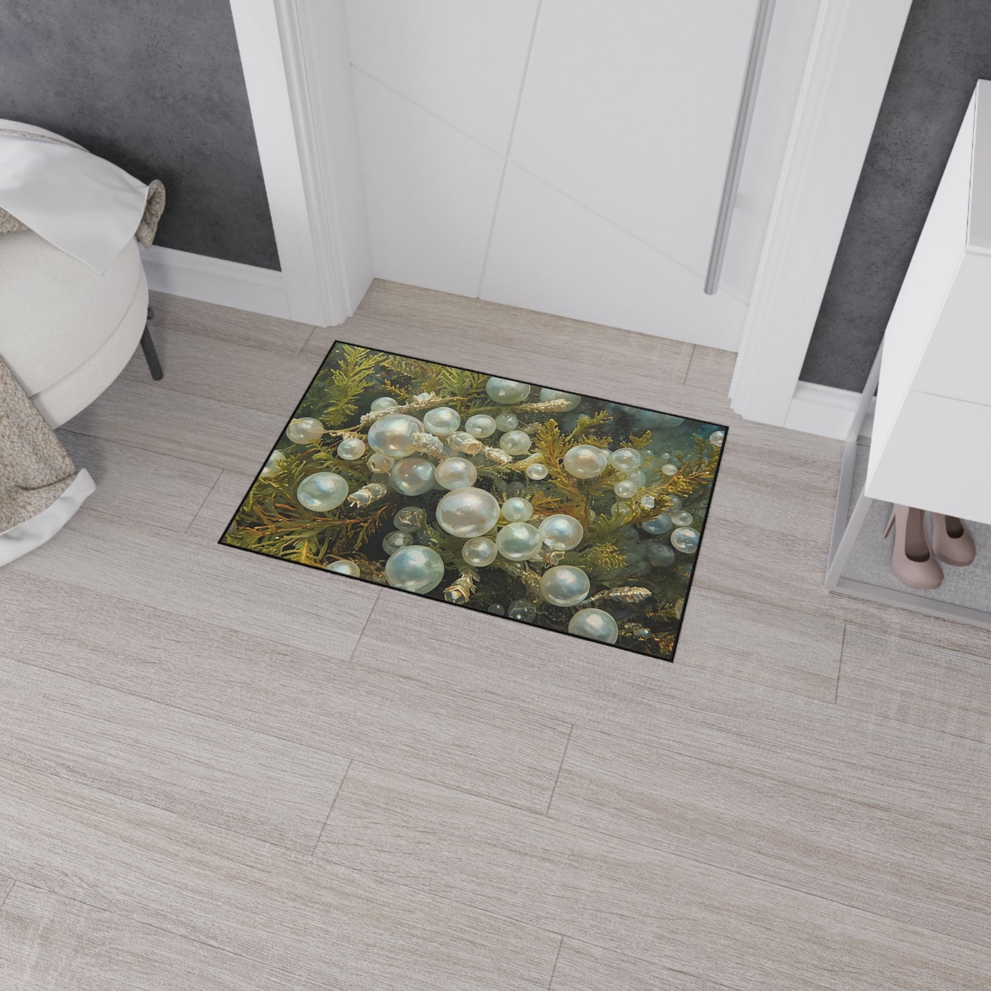 Elegant Sea Moss Coastal Floor Mat with Pearl Design