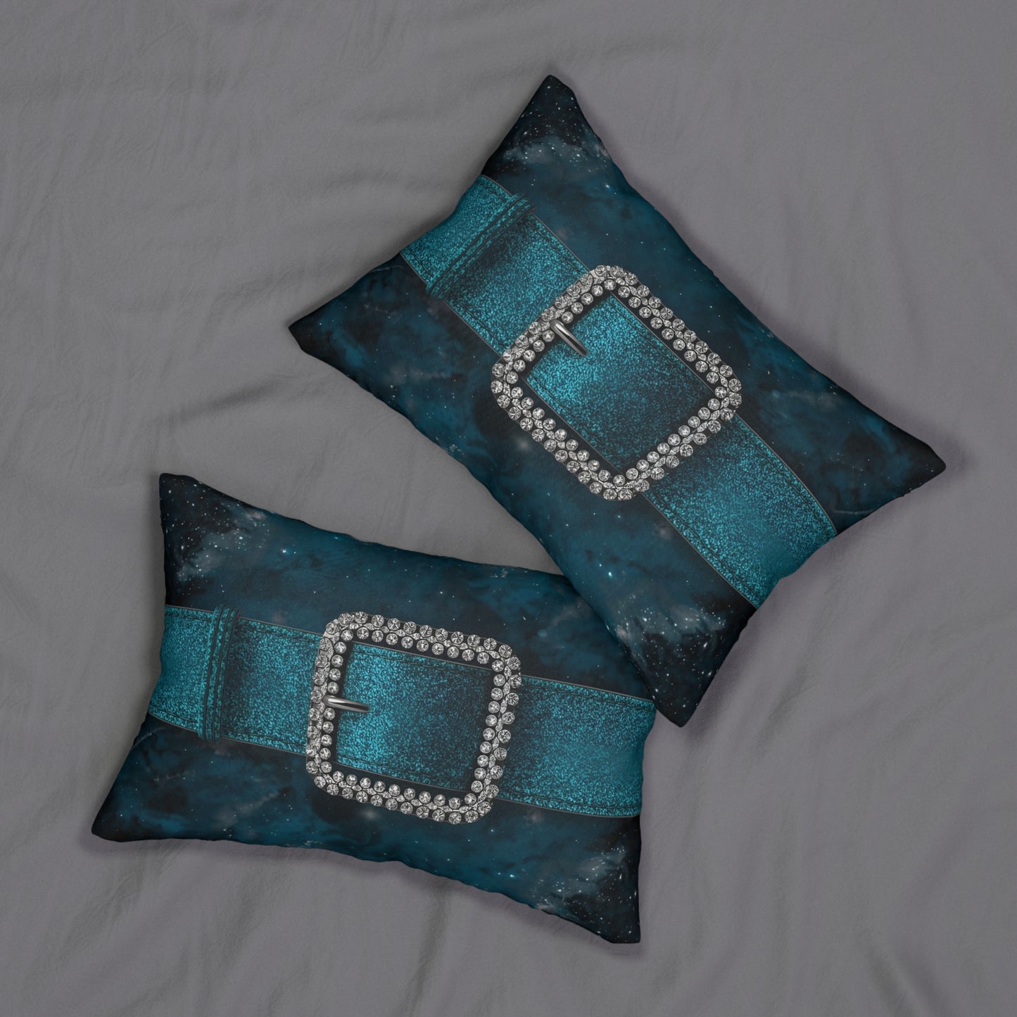 Elegant Blue Lumbar Pillow with Sparkling Buckle Design