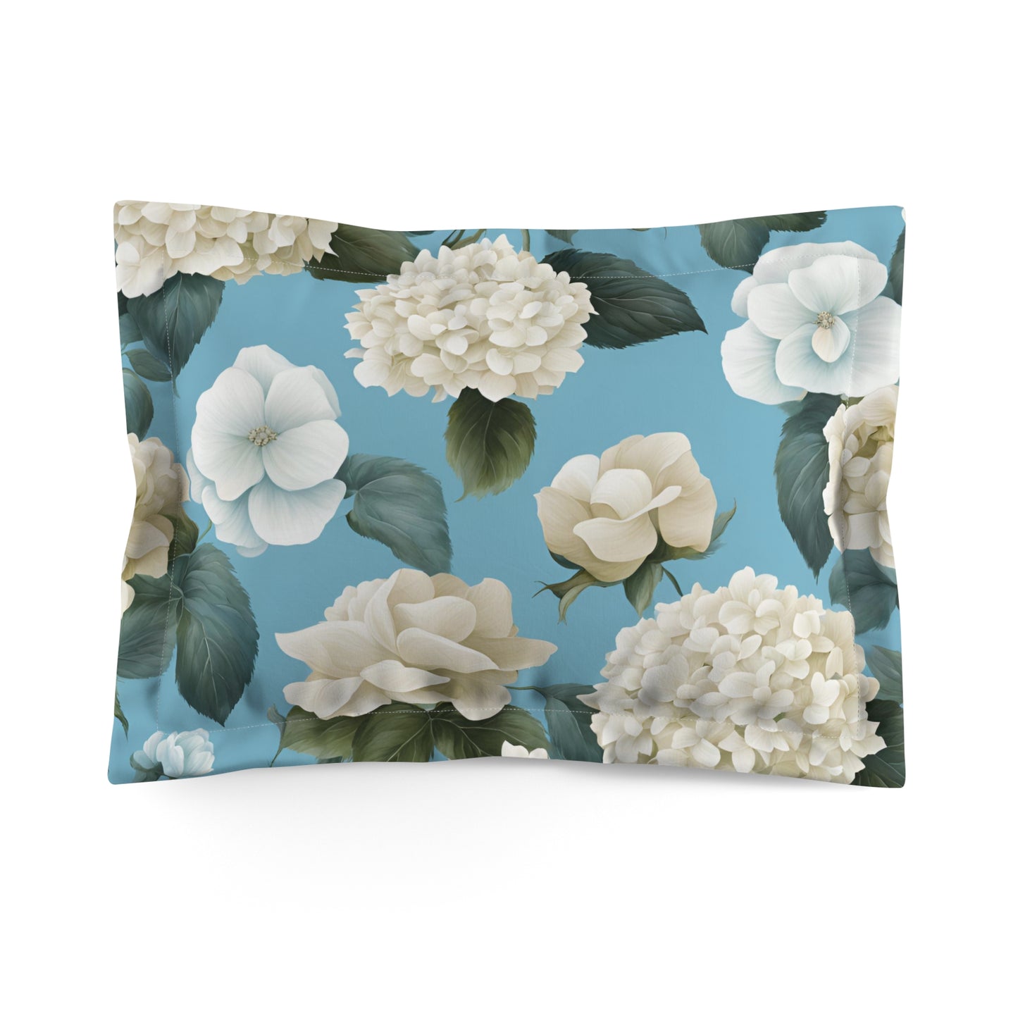 Sky Blue Floral with Hydrangeas and Roses Microfiber Pillow Sham