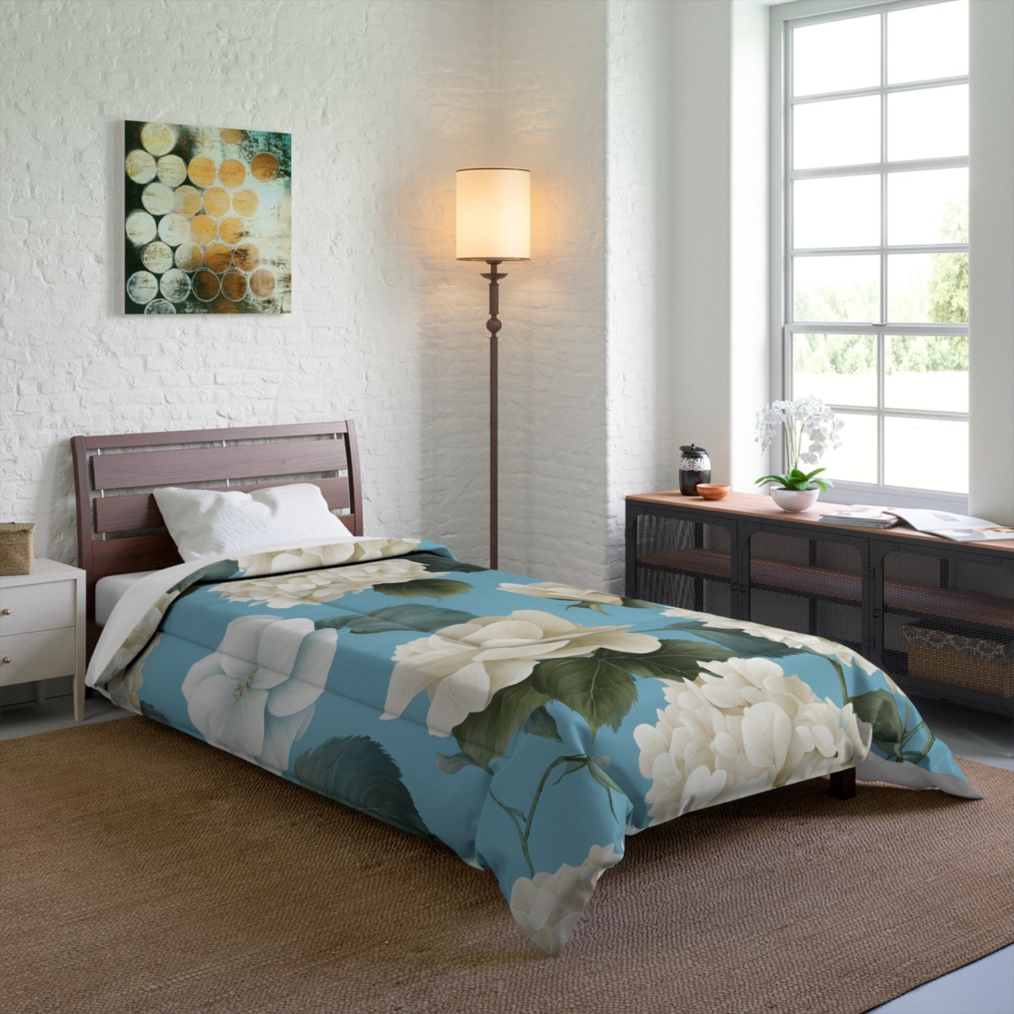 Sky Blue Floral with Hydrangeas and Roses Comforter