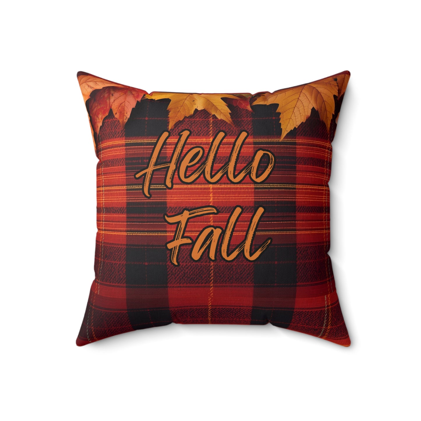 Hello Fall Plaid Autumn Themed Square Pillow
