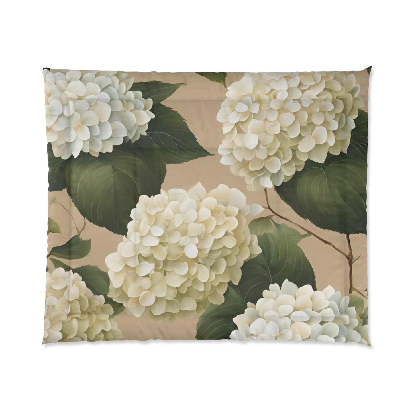 Tan and White Hydrangea Floral Comforter
