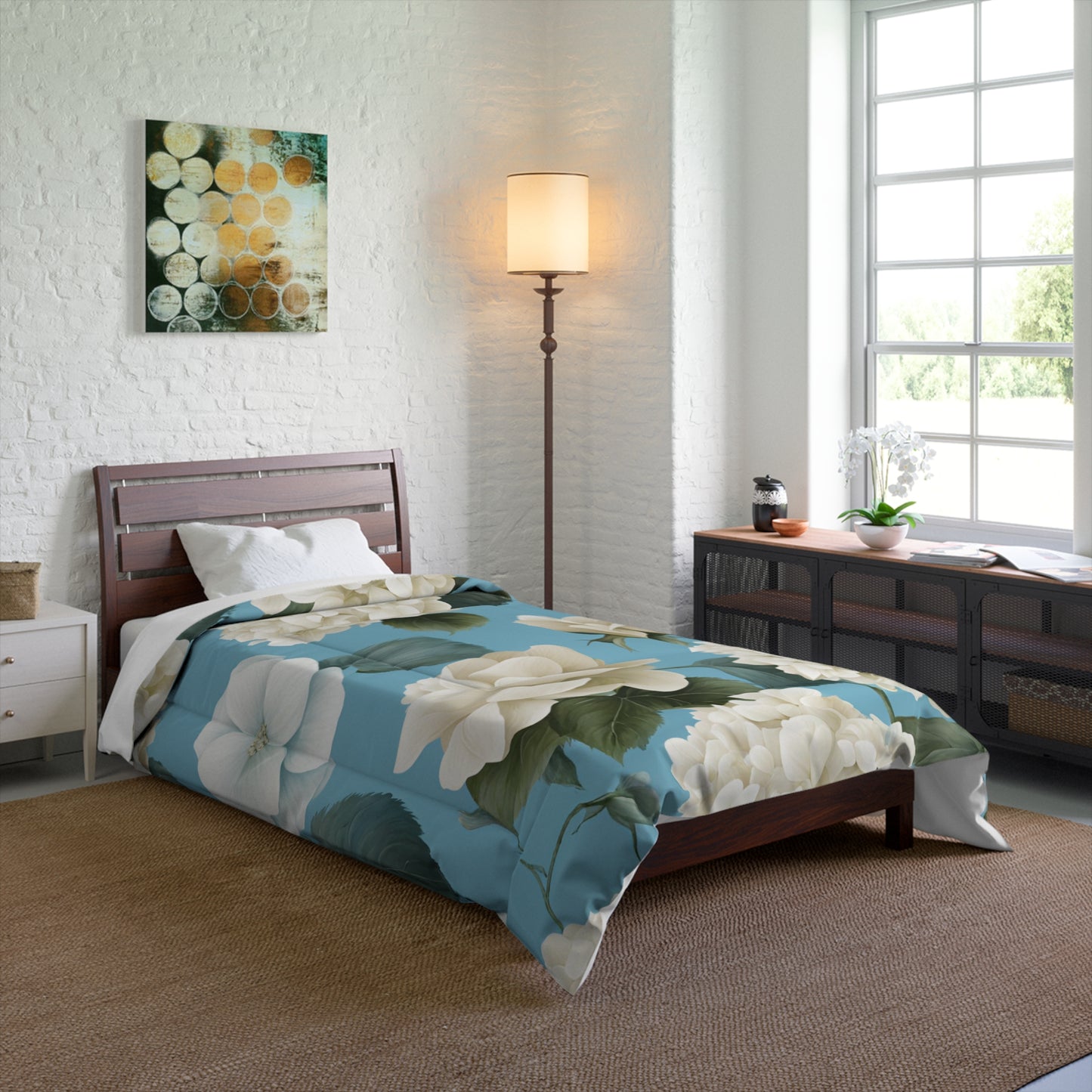 Sky Blue Floral with Hydrangeas and Roses Comforter