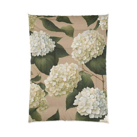 Tan and White Hydrangea Floral Comforter
