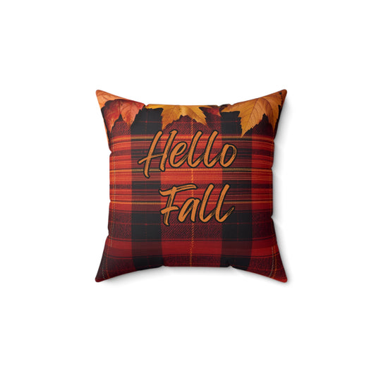 Hello Fall Plaid Autumn Themed Square Pillow
