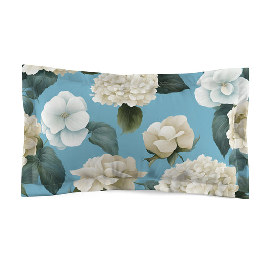 Sky Blue Floral with Hydrangeas and Roses Microfiber Pillow Sham