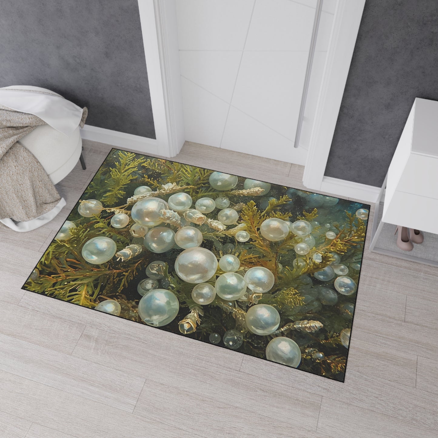 Elegant Sea Moss Coastal Floor Mat with Pearl Design