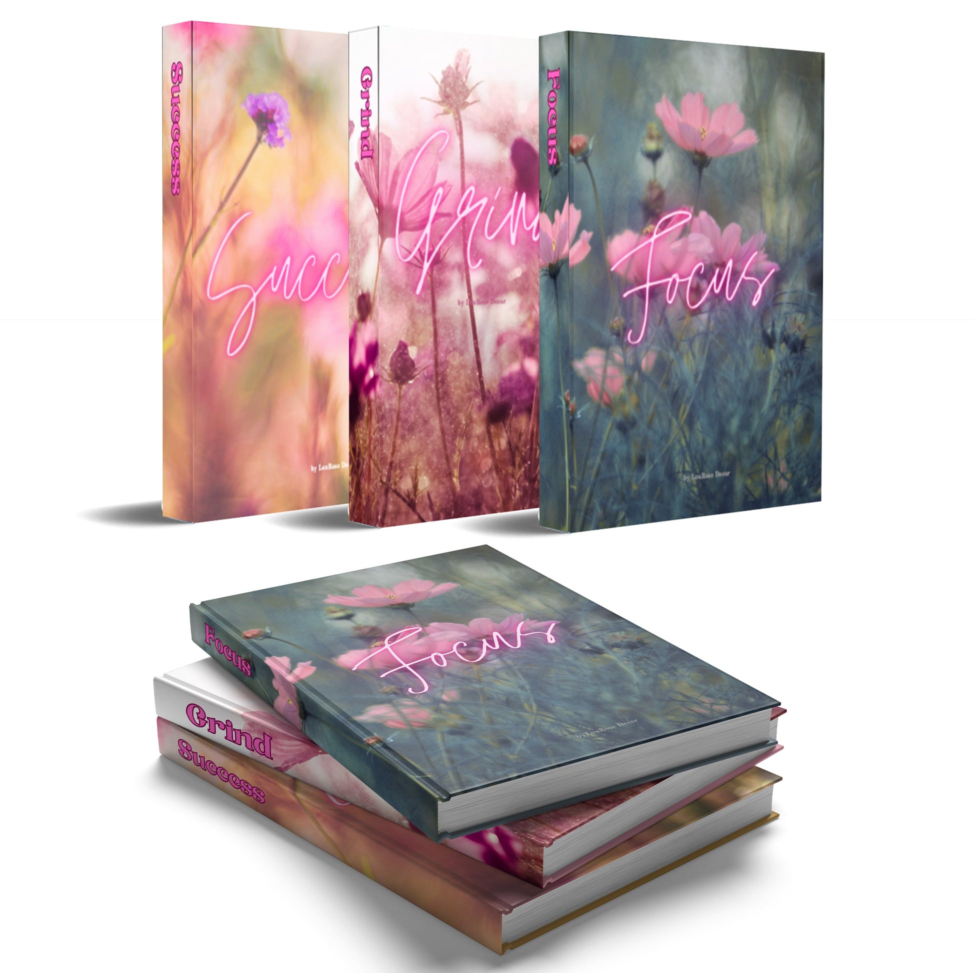 Success Grind Focus Flowers Decorative Books Set-Book Sets-LouRose Decor-LouRose Decor